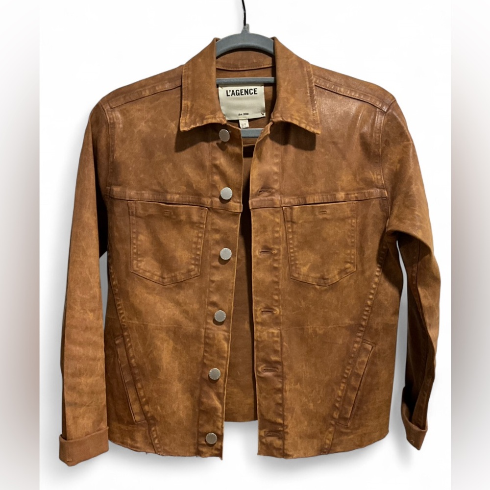 SALE🌟LIKE NEW L'AGENCE | SZ S | Janelle Coated Cropped Slim Raw Hem Jacket Java - Picture 6 of 9